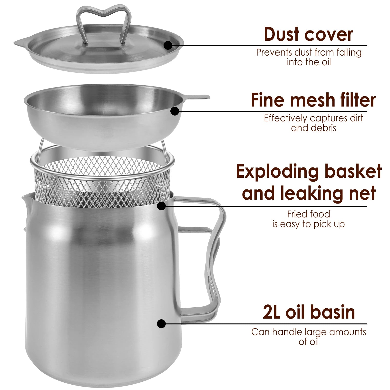 Lunas™ Friteuse Inox + Filtre à Huile 2L – Cuisson Pro & Rangement propre